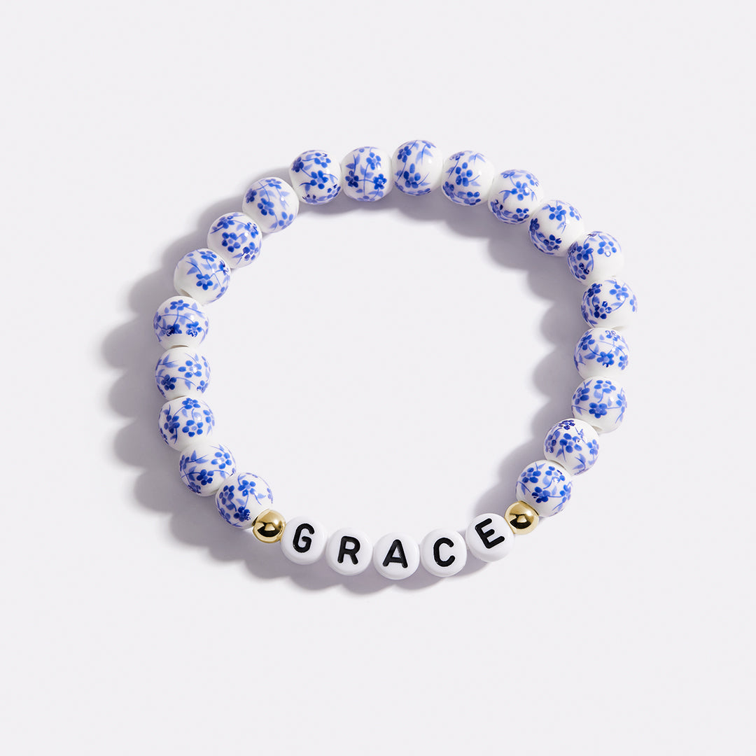 Custom Name Blue Porcelain Floral Beaded Bracelet in gold tone