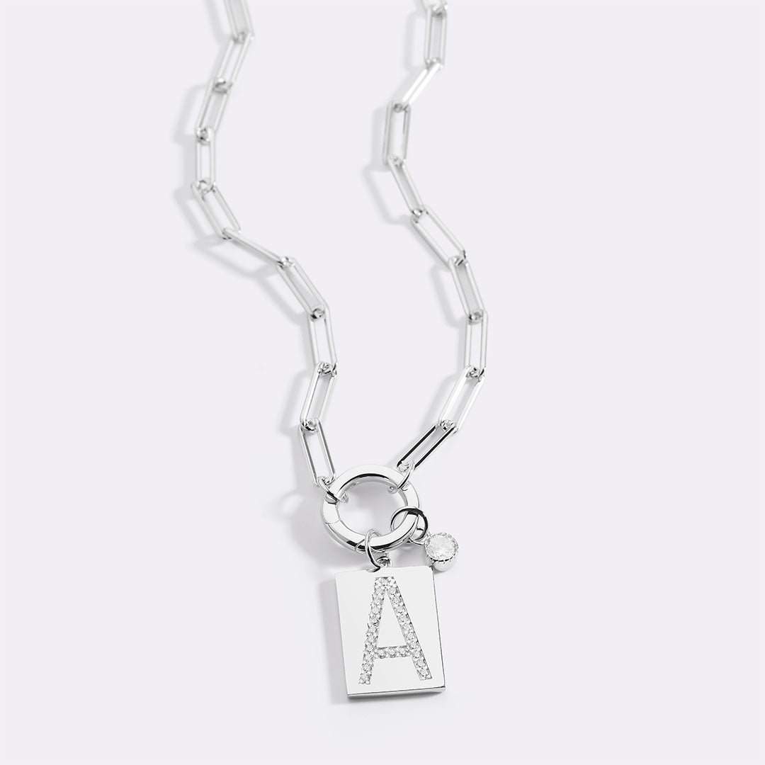 Sterling Silver Pave Initial Pendant Necklace with Paperclip Chain in 925 sterling silver