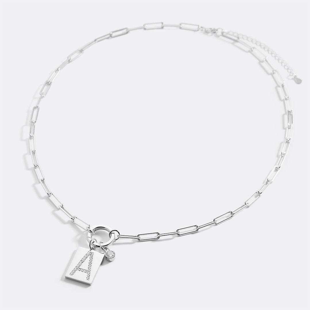 Sterling Silver Pave Initial Pendant Necklace with Paperclip Chain in 925 sterling silver