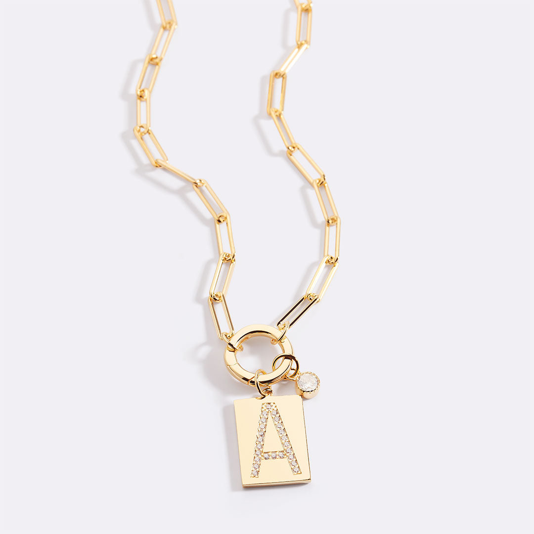 Gold Pave Initial Pendant Necklace with Paperclip Chain in gold tone