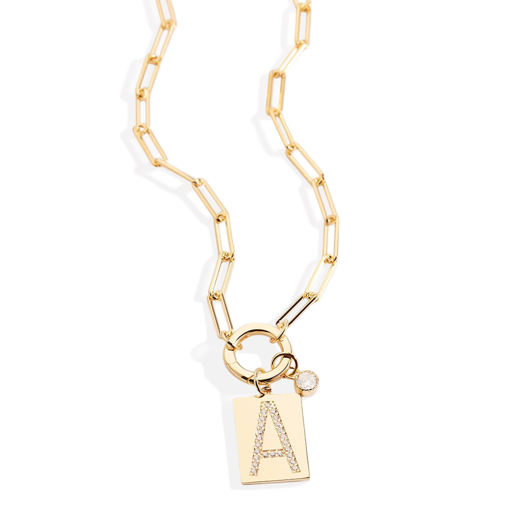 Gold Pave Initial Pendant Necklace with Paperclip Chain in gold tone
