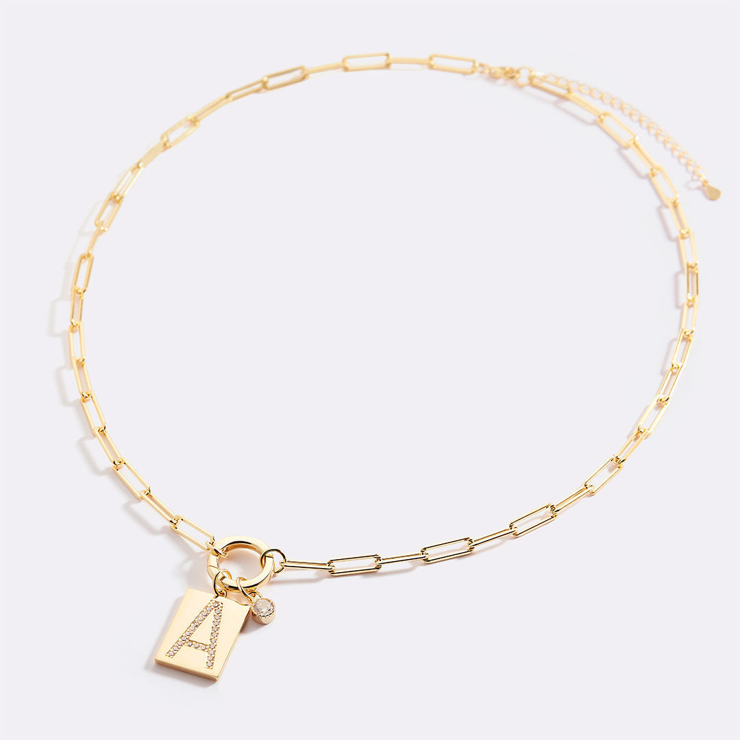 Gold Pave Initial Pendant Necklace with Paperclip Chain in gold tone