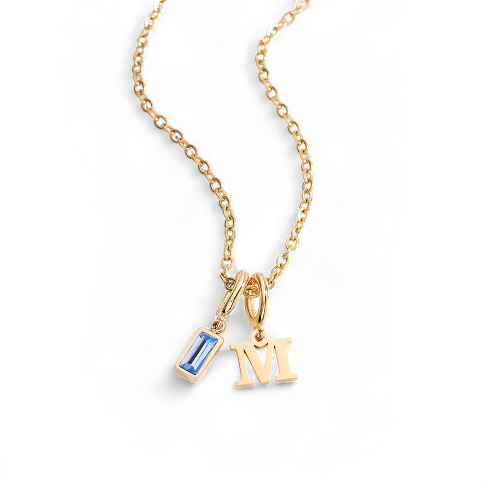 Minimalist Initial Necklace with Birthstone Charm in Stainless Steel — Vanny Jewels