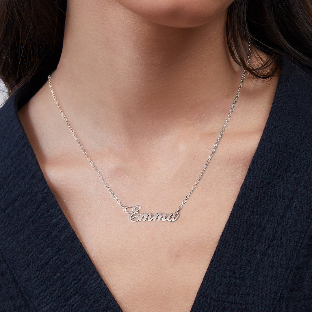 Quill Name Necklace in 925 sterling silver, worn on a model