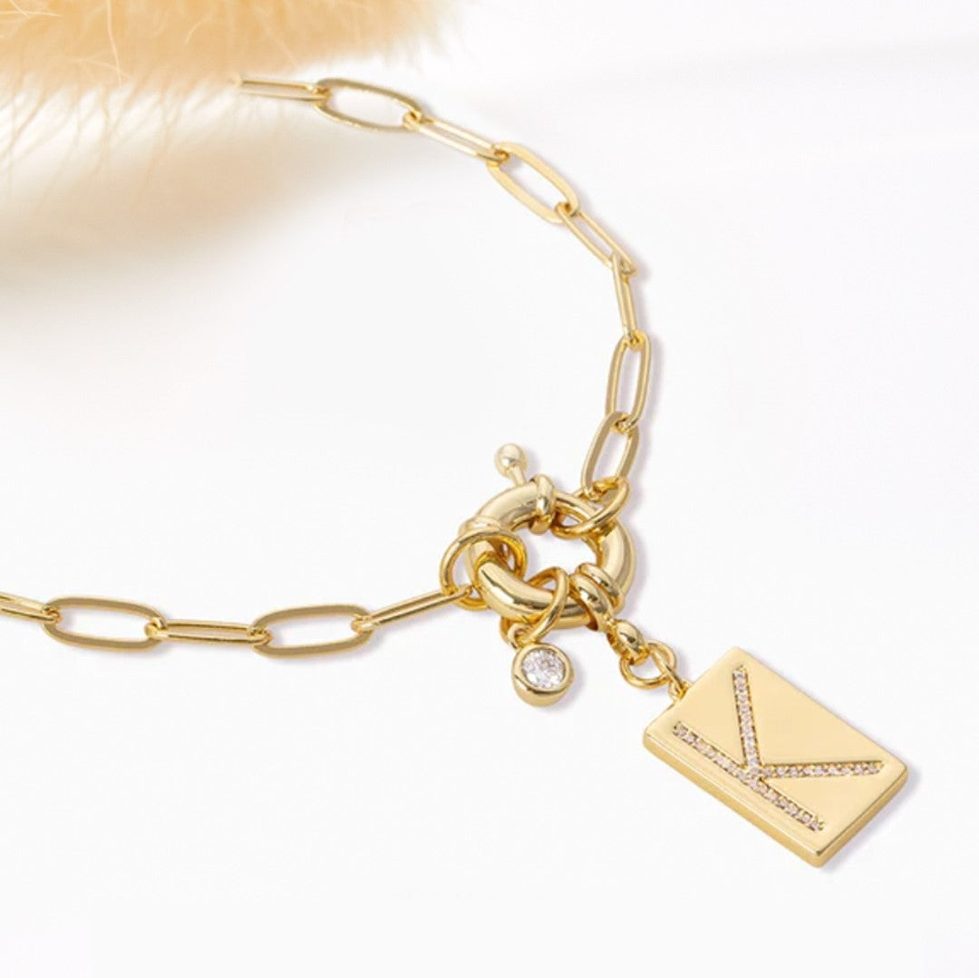 Collana Pendente Iniziale Pavé con Catena Paperclip