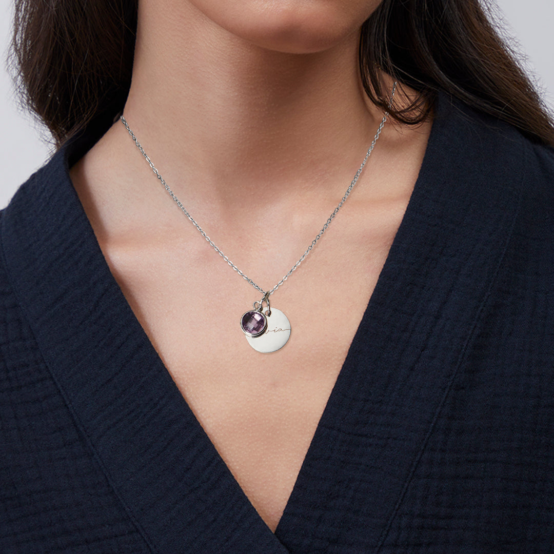 Monogram Script Birthstone Name Necklace, worn on a model