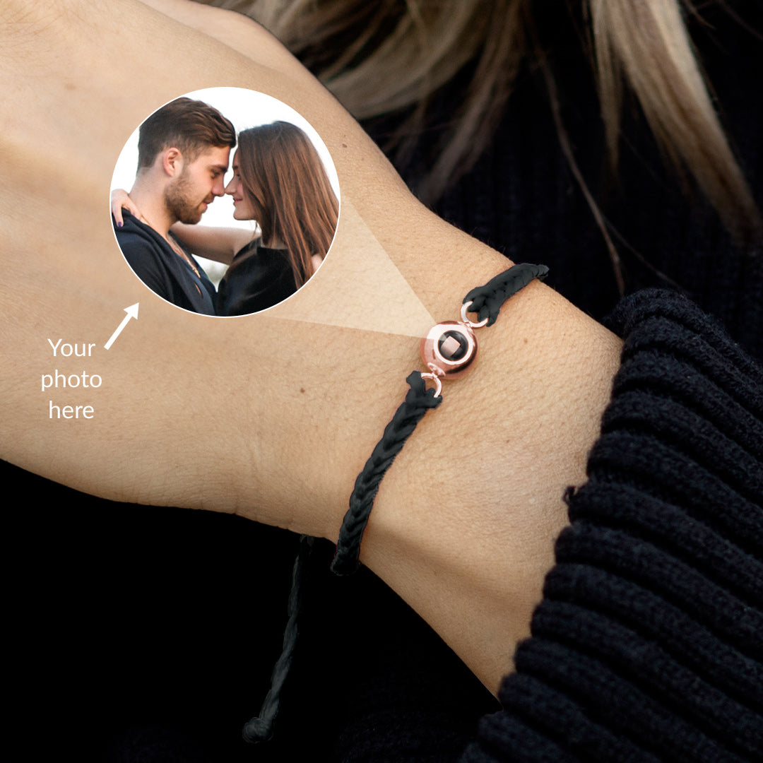 Personalized Adjustable Photo Bracelet in rose gold tone, worn on a model