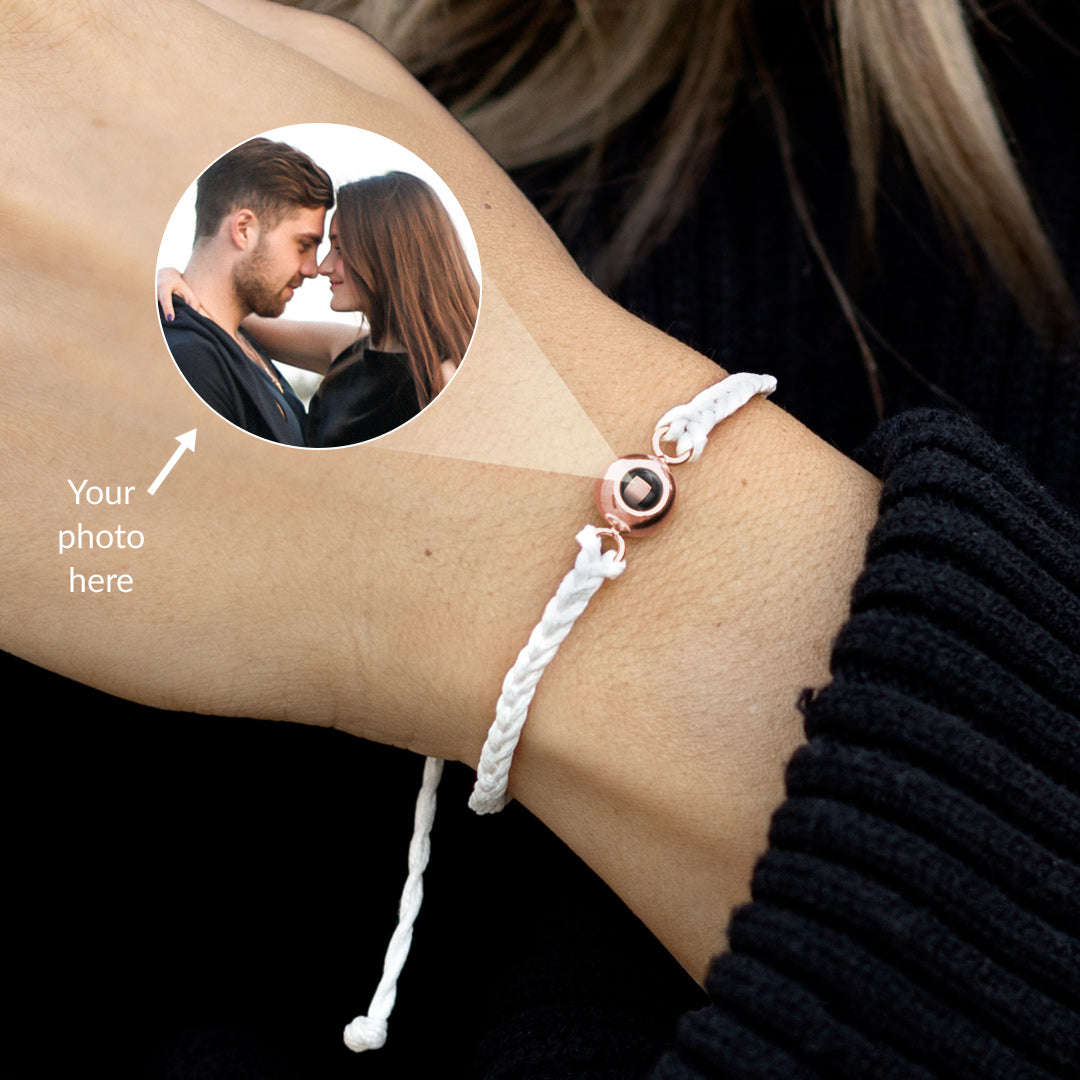Personalized Adjustable Photo Bracelet in rose gold tone, worn on a model