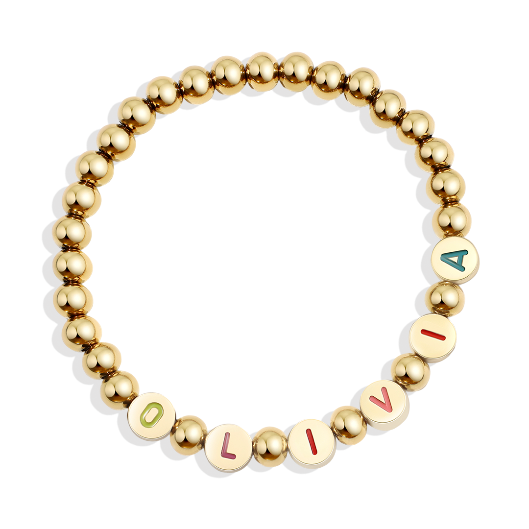 Personalisierbares Regenbogen-Buchstaben-Goldplättchen-Perlenarmband