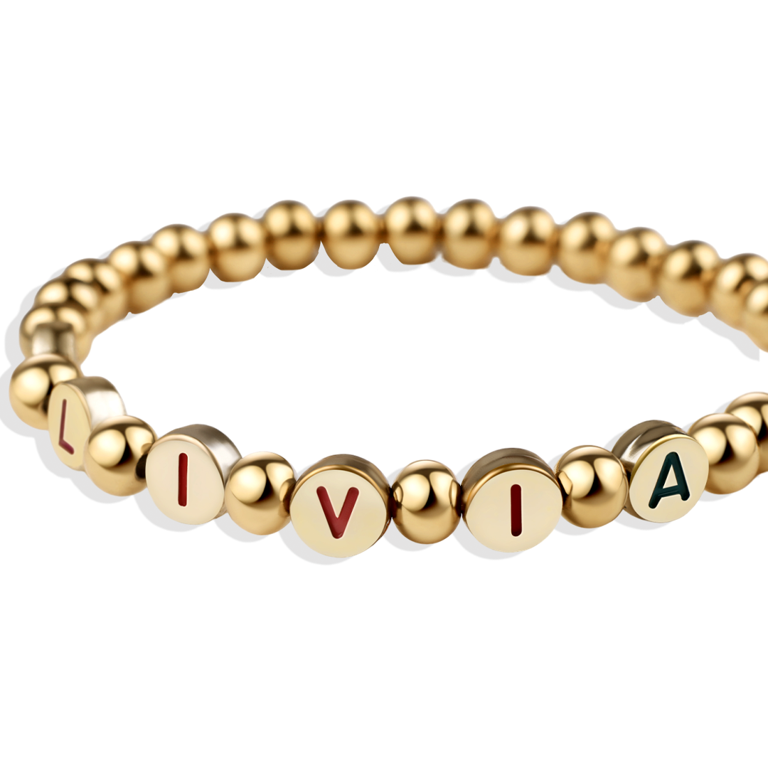 Personalisierbares Regenbogen-Buchstaben-Goldplättchen-Perlenarmband