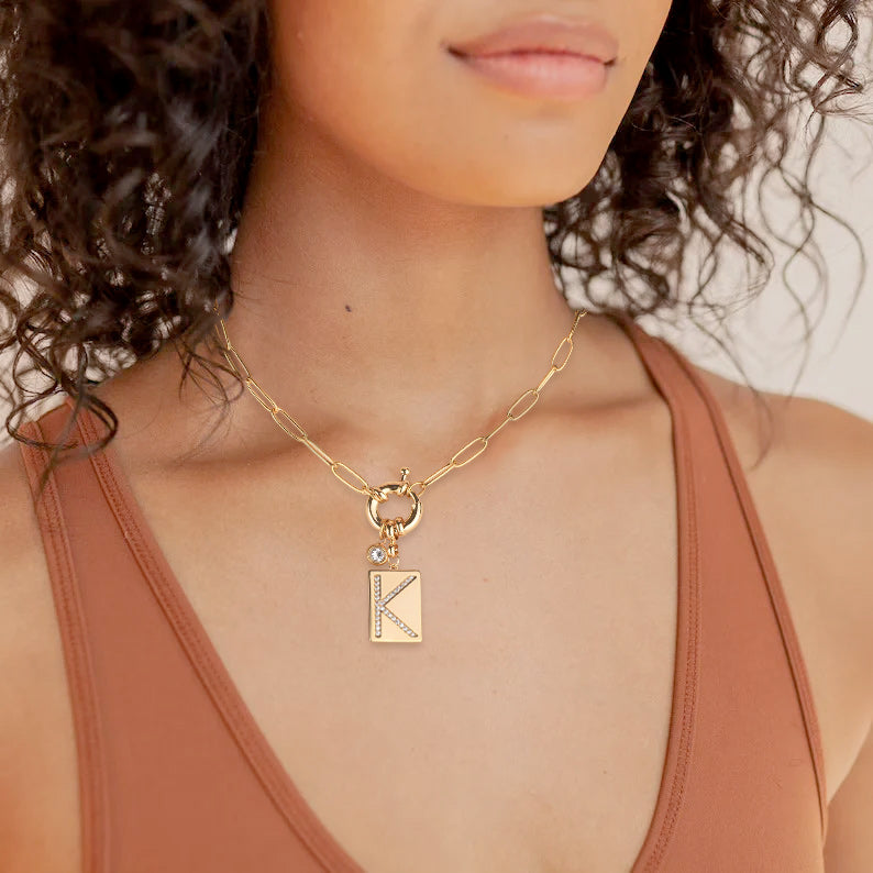 Collana Pendente Iniziale Pavé con Catena Paperclip