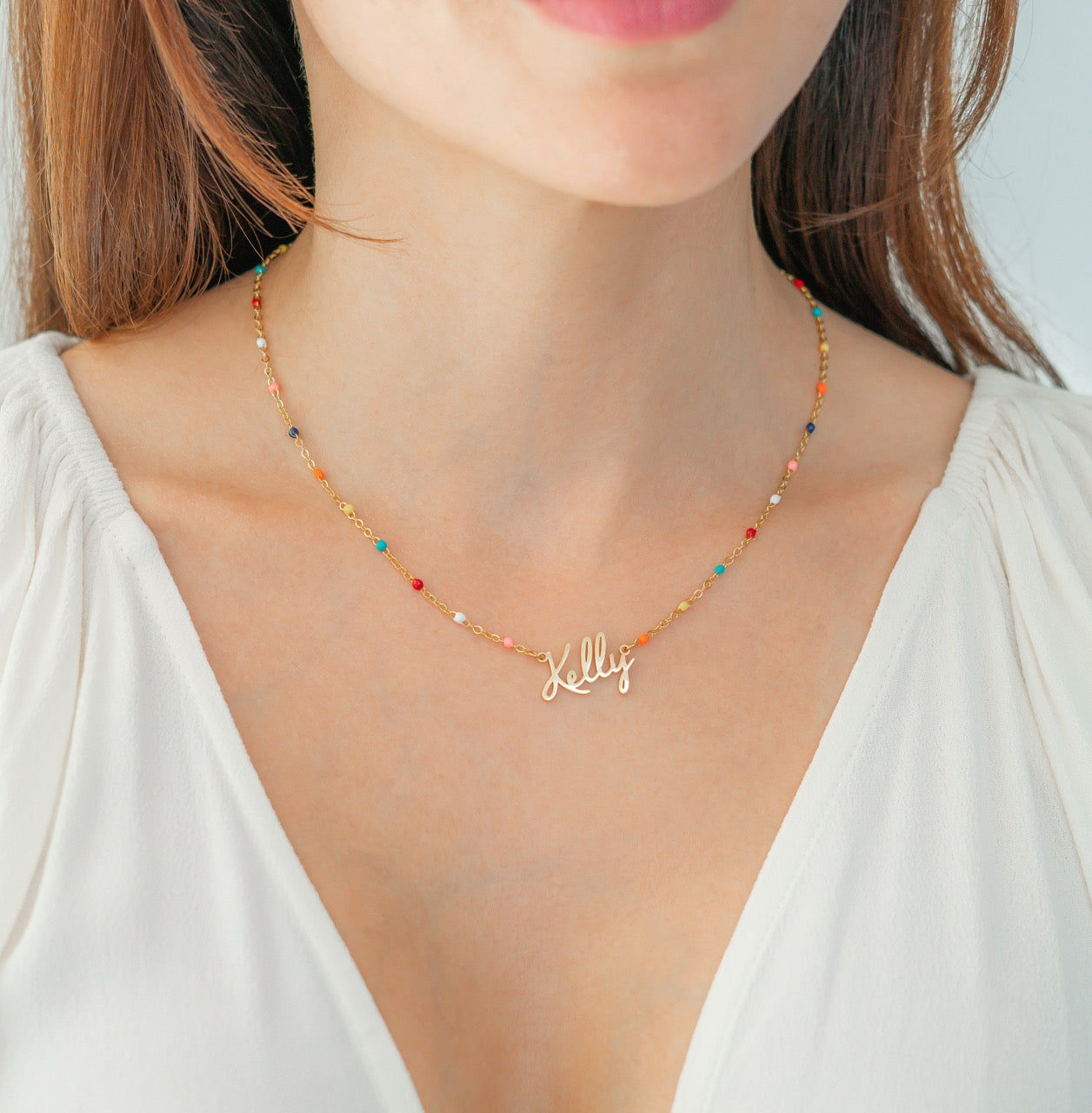 Colorful Beaded Fairy Name Necklace in gold tone
