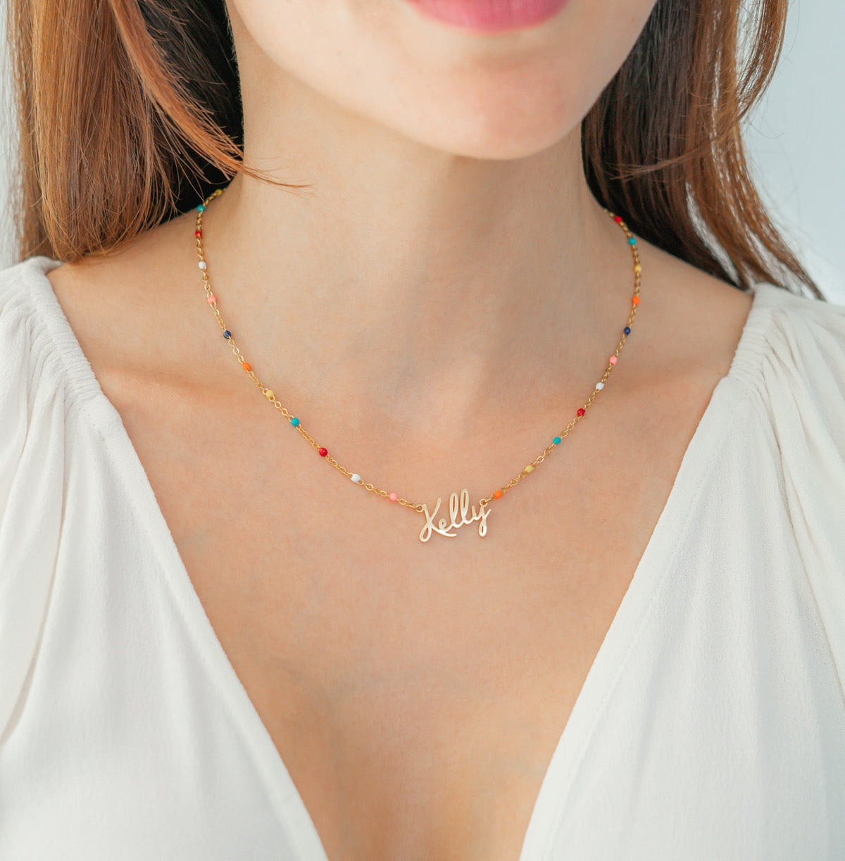 Colorful Beaded Fairy Name Necklace in gold tone
