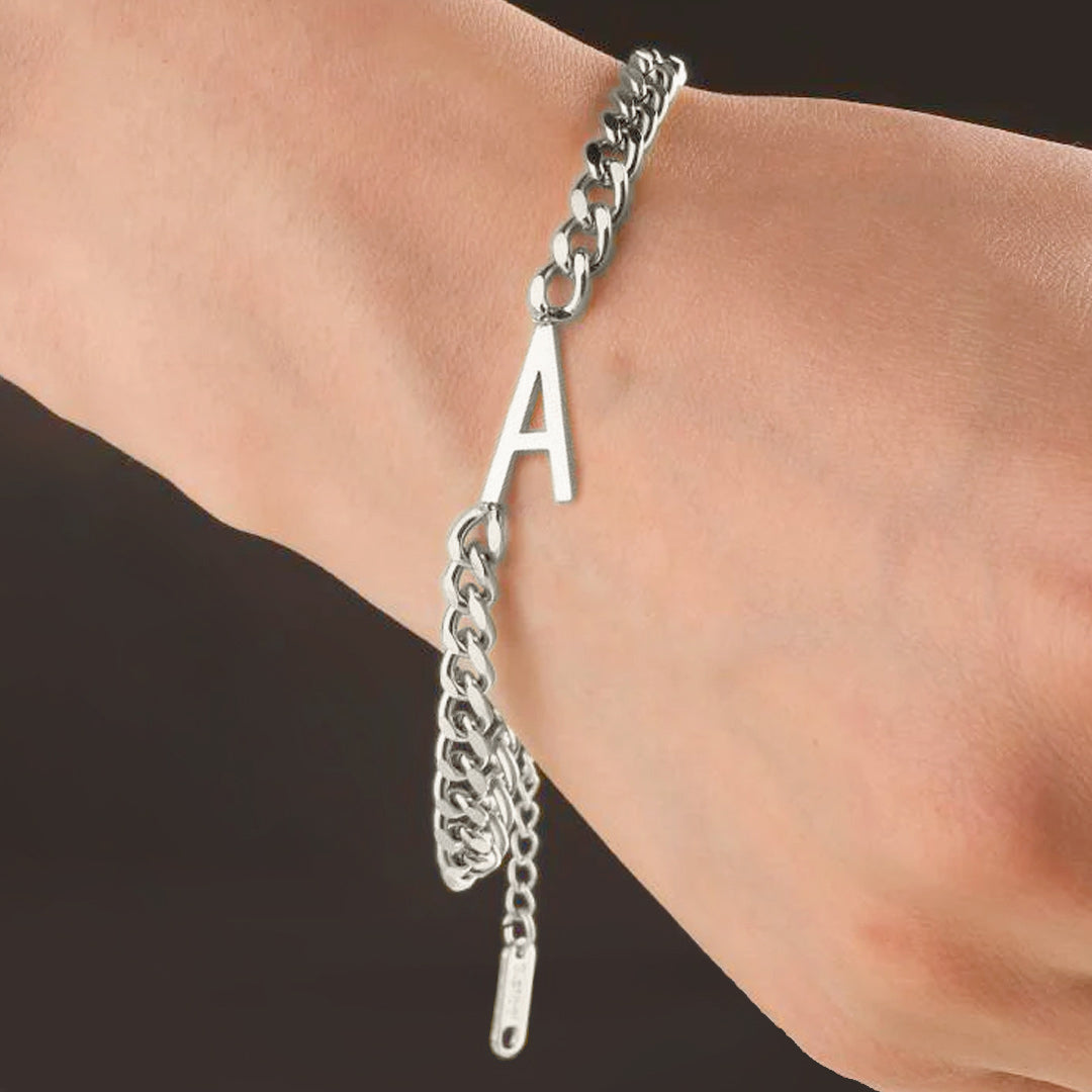 The Skinny Initial Bracelet in 925 sterling silver, worn on a model