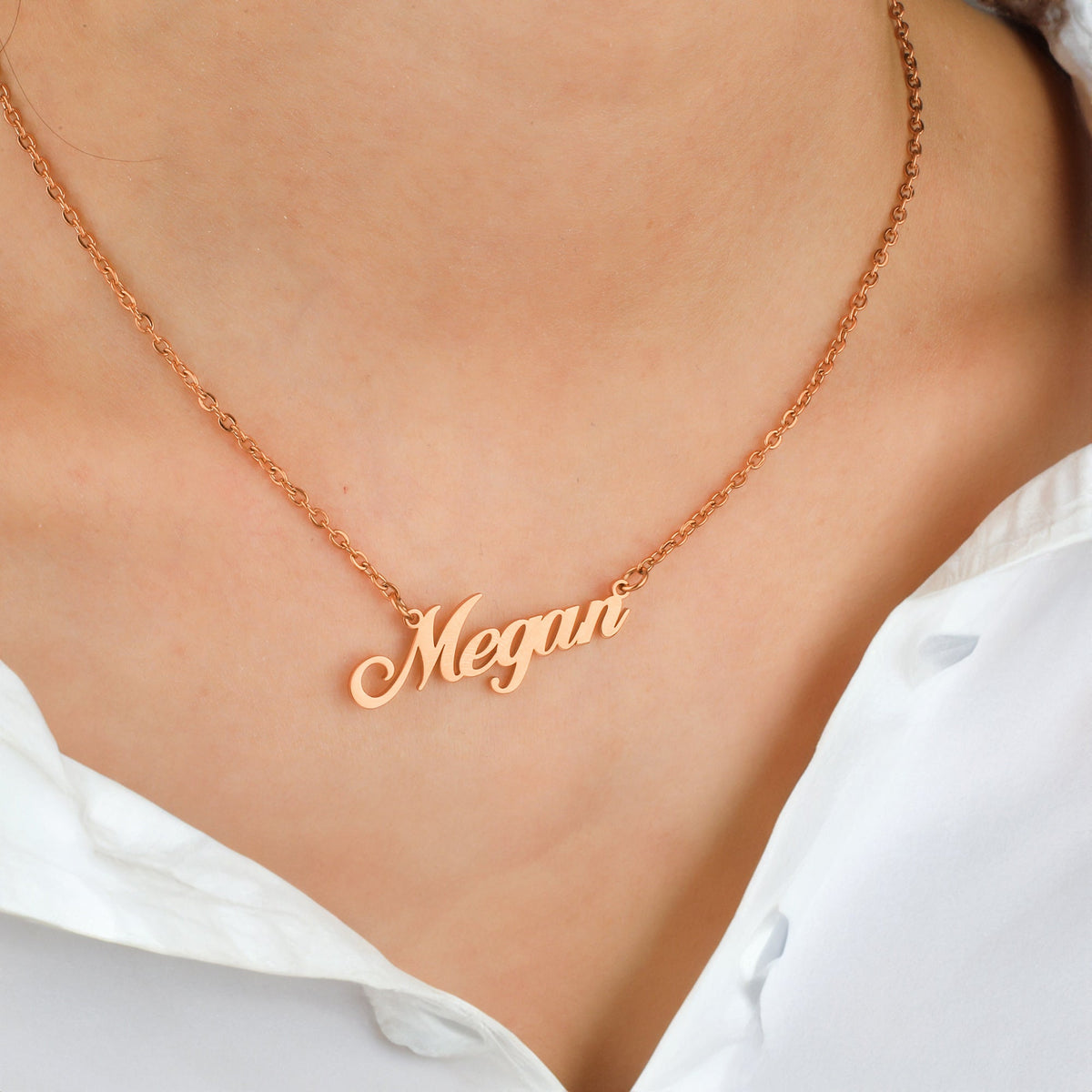 Personalized Name Necklace | Choose from 9 Styles in rose gold tone, worn on a model