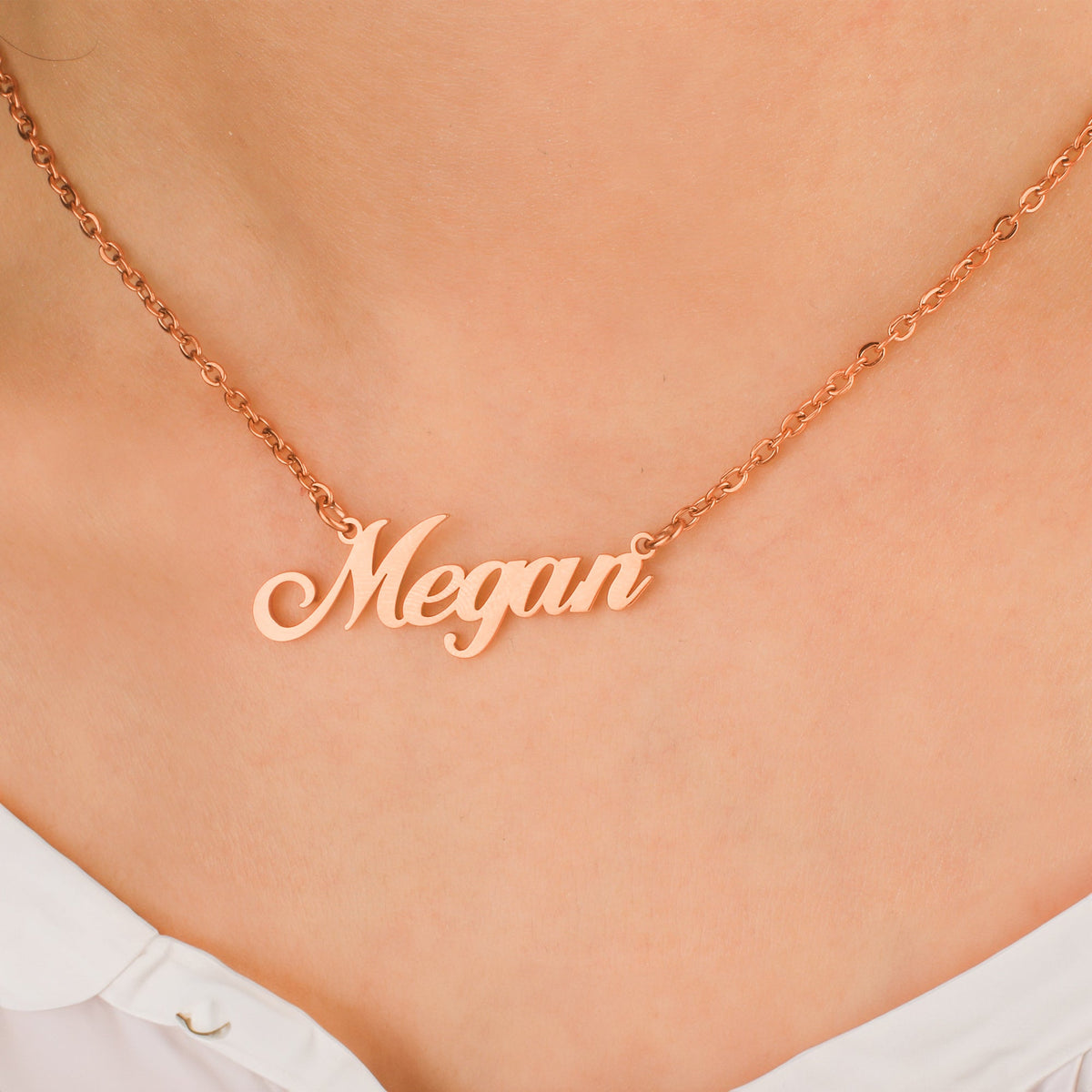 Personalized Name Necklace | Choose from 9 Styles in rose gold tone, worn on a model