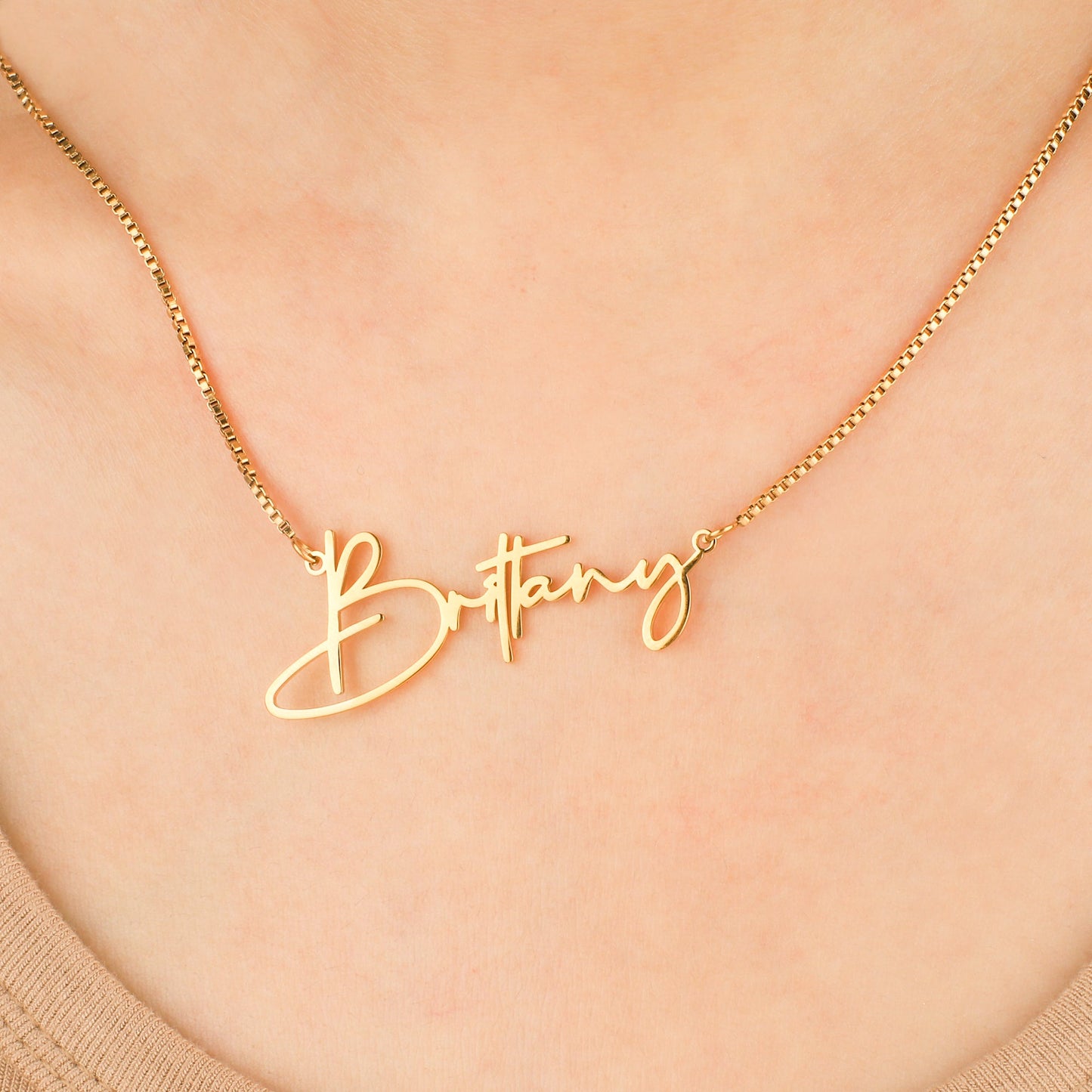 Modern Name Necklace, worn on a model