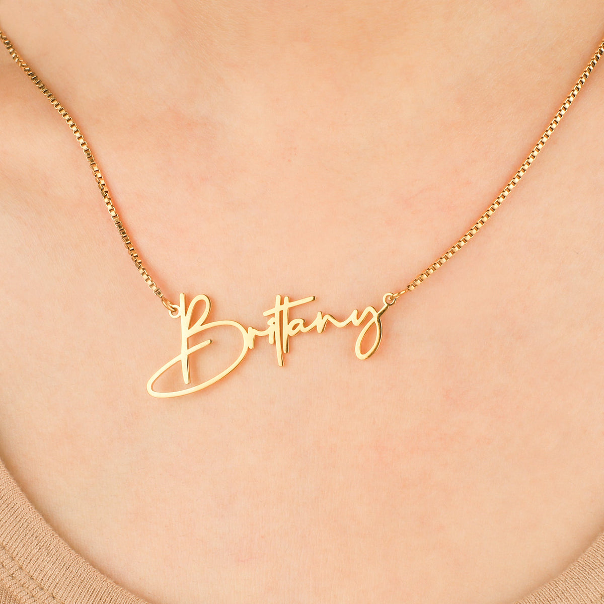 Modern Name Necklace, worn on a model