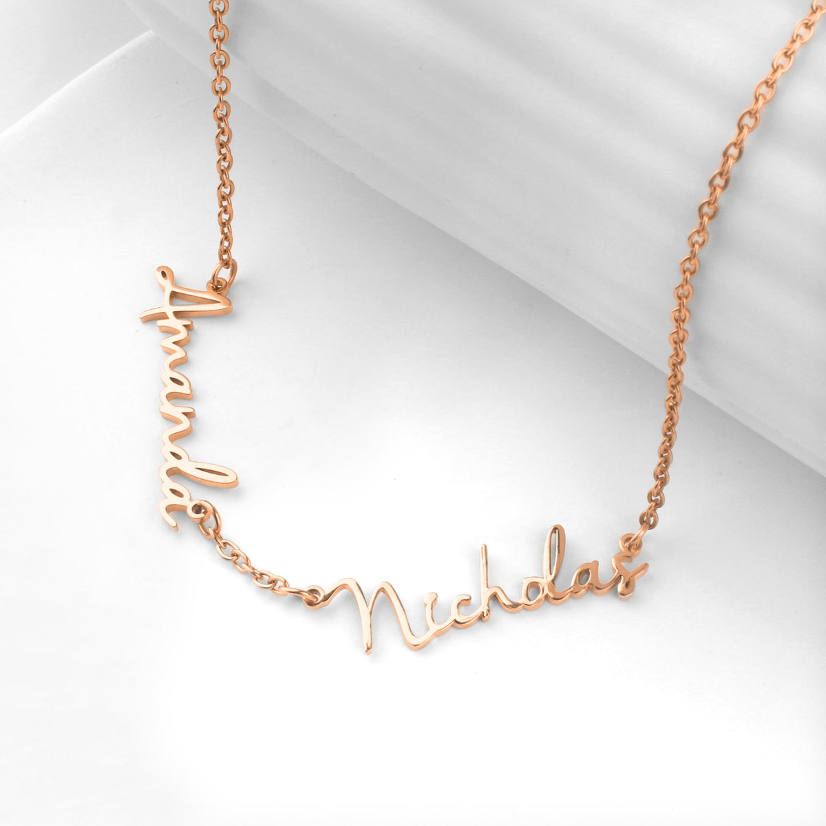 Fairy Multiple Name Necklace | Add Up to 4 Names in rose gold tone, flat lay detail