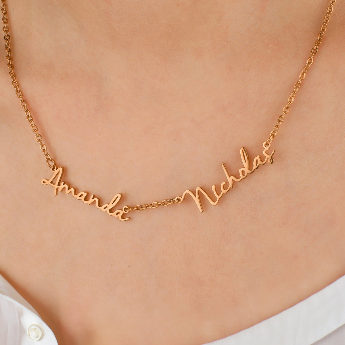 Fairy Multiple Name Necklace | Add Up to 4 Names in rose gold tone, worn on a model