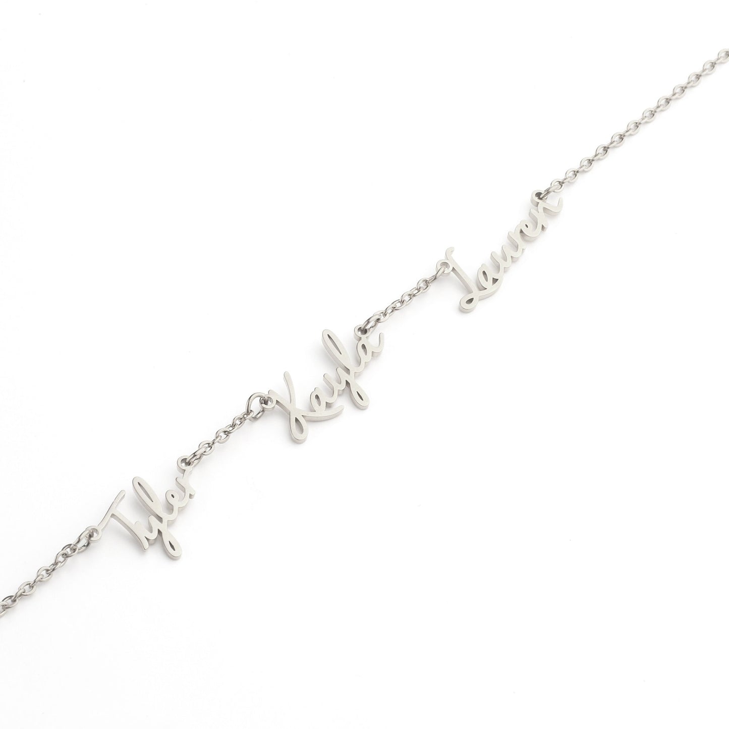 Fairy Multiple Name Necklace | Add Up to 4 Names in 925 sterling silver, flat lay detail