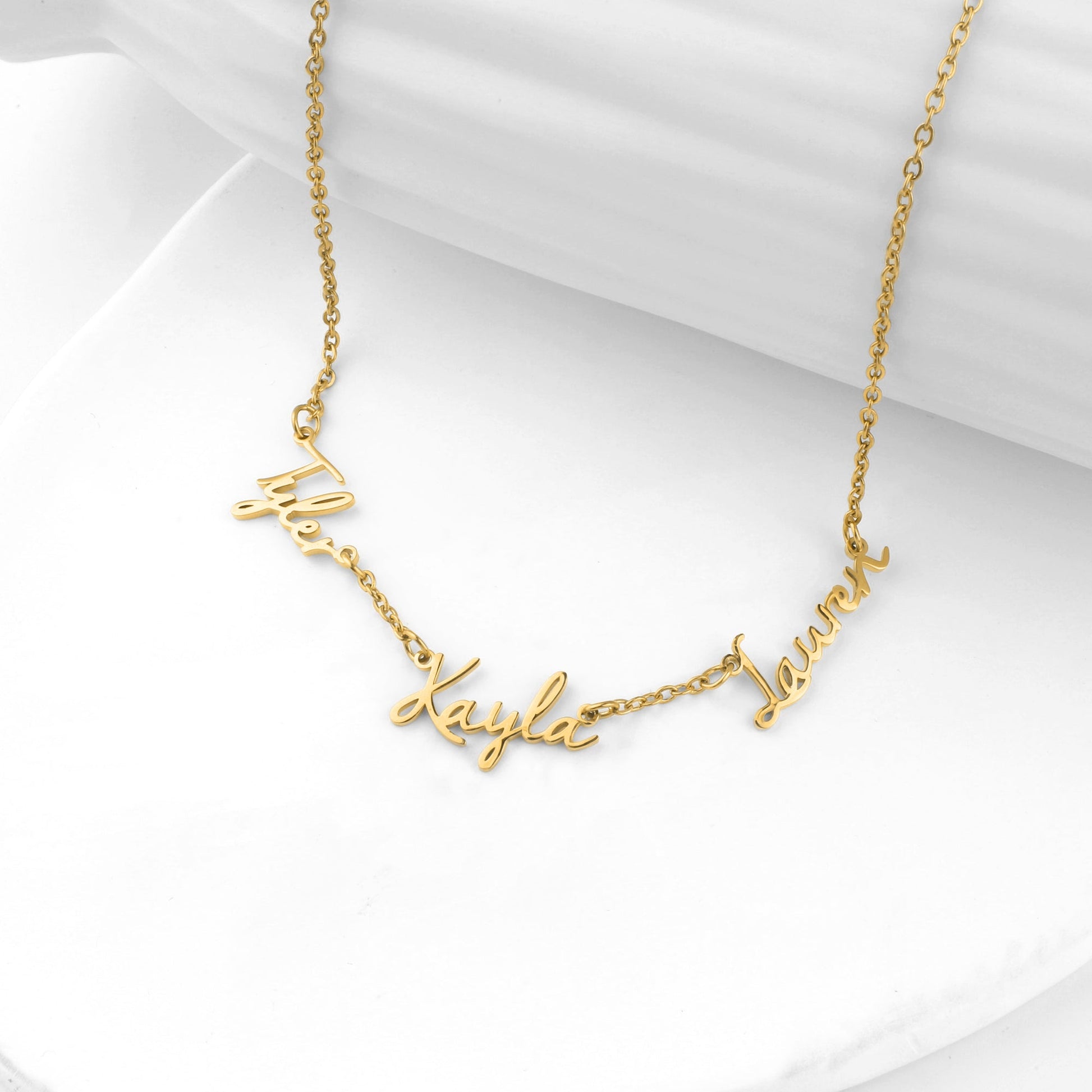 Fairy Multiple Name Necklace | Add Up to 4 Names in gold tone, flat lay detail