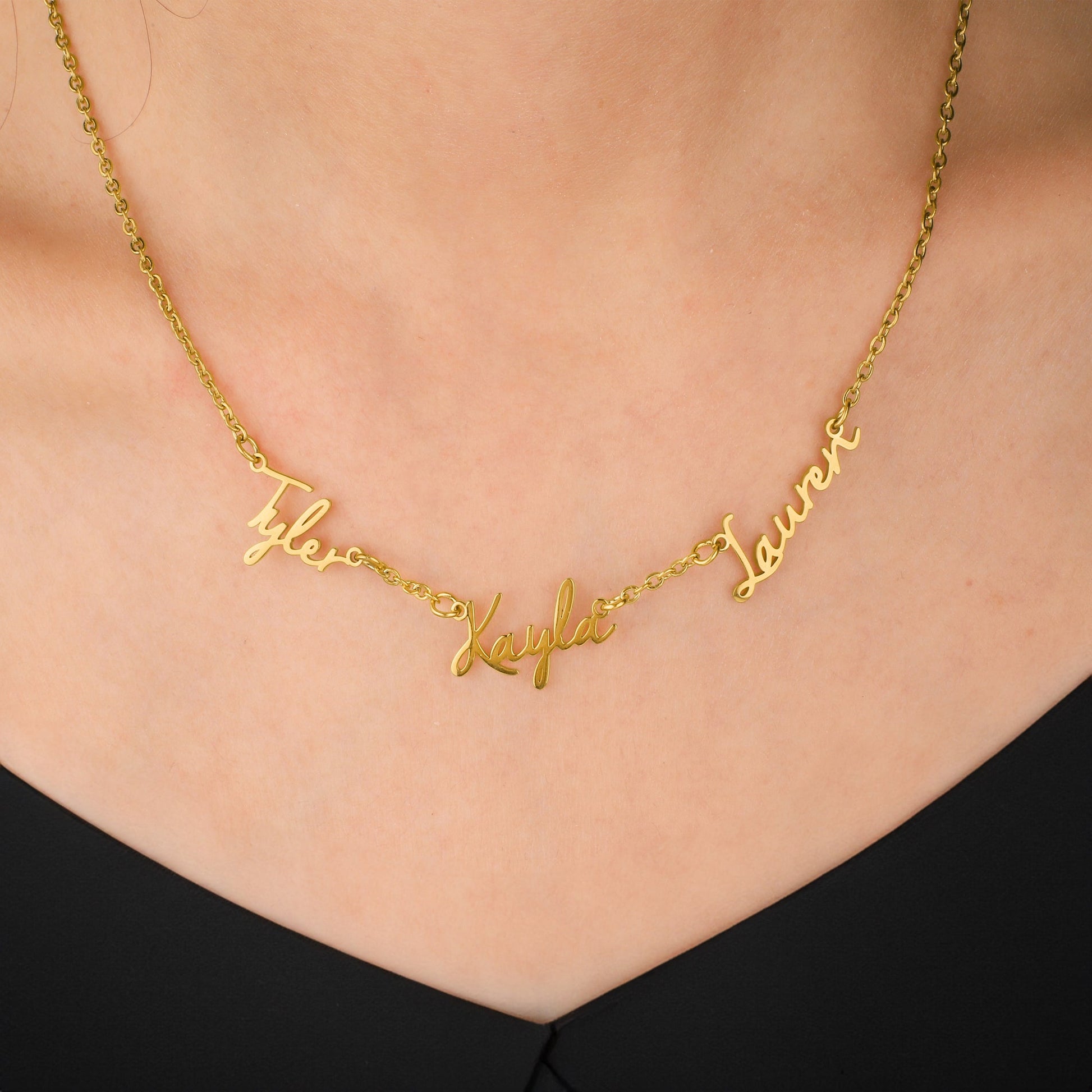 Fairy Multiple Name Necklace | Add Up to 4 Names in gold tone, worn on a model