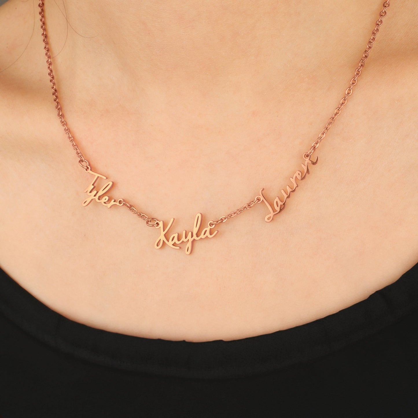 Fairy Multiple Name Necklace | Add Up to 4 Names in rose gold tone, worn on a model