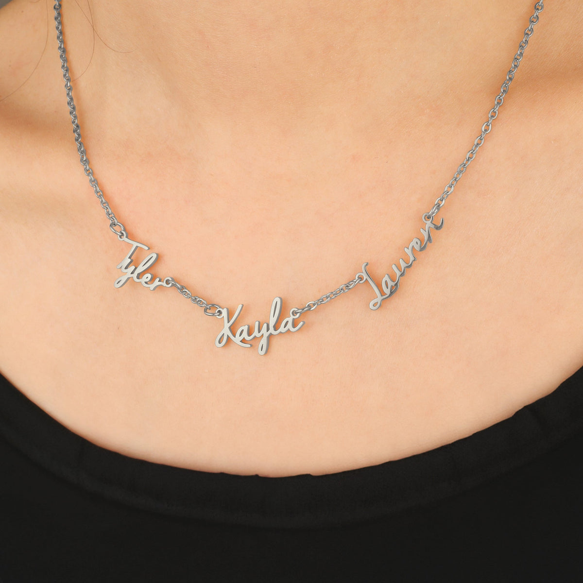 Fairy Multiple Name Necklace | Add Up to 4 Names in 925 sterling silver, worn on a model
