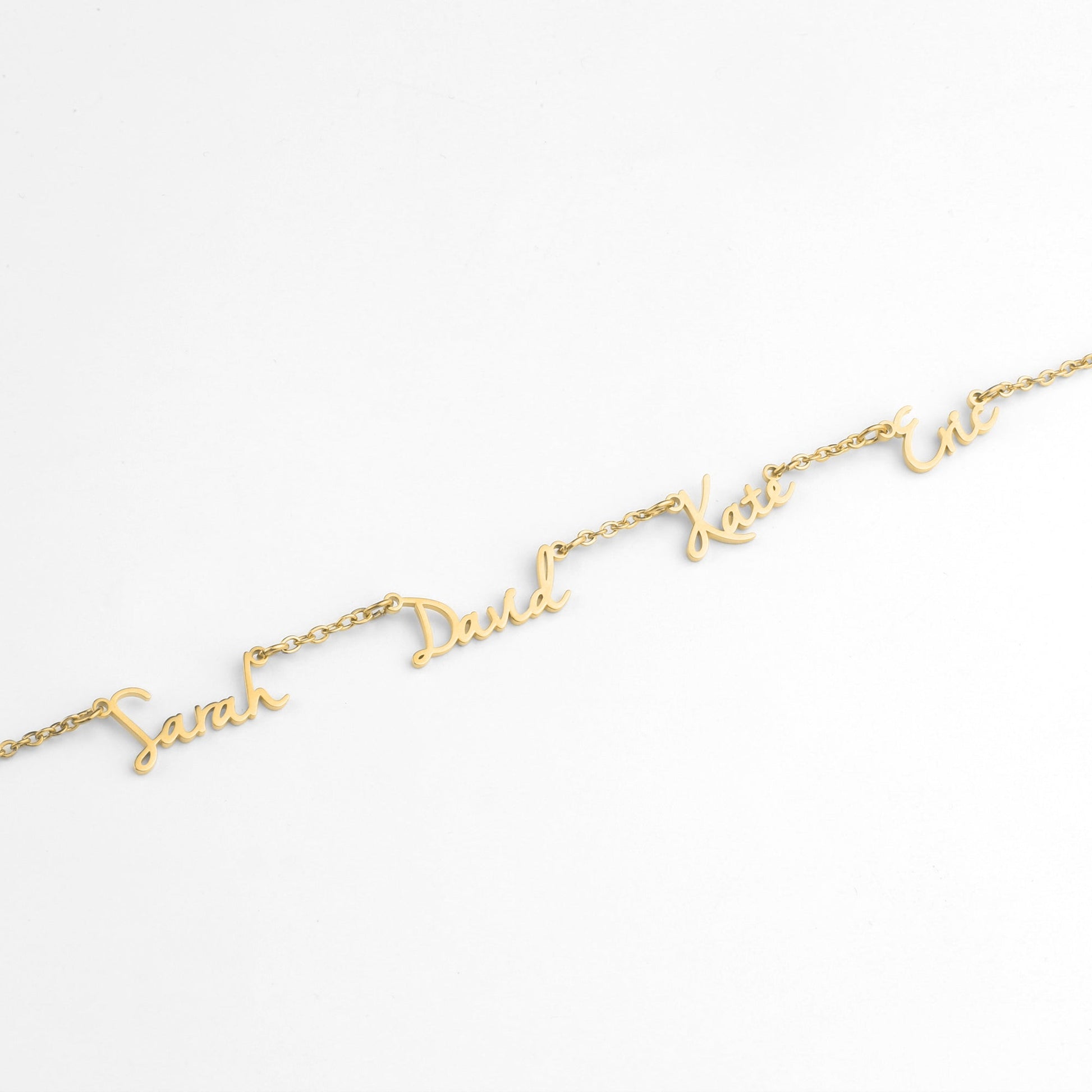 Fairy Multiple Name Necklace | Add Up to 4 Names in gold tone, flat lay detail