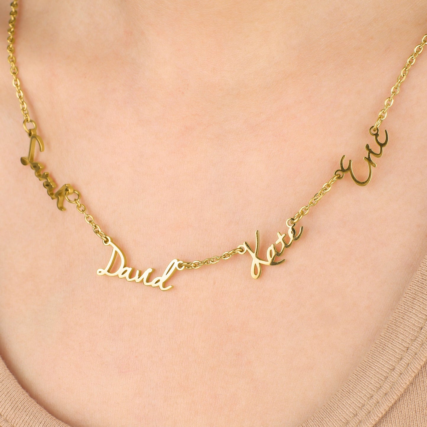 Fairy Multiple Name Necklace | Add Up to 4 Names in gold tone, worn on a model