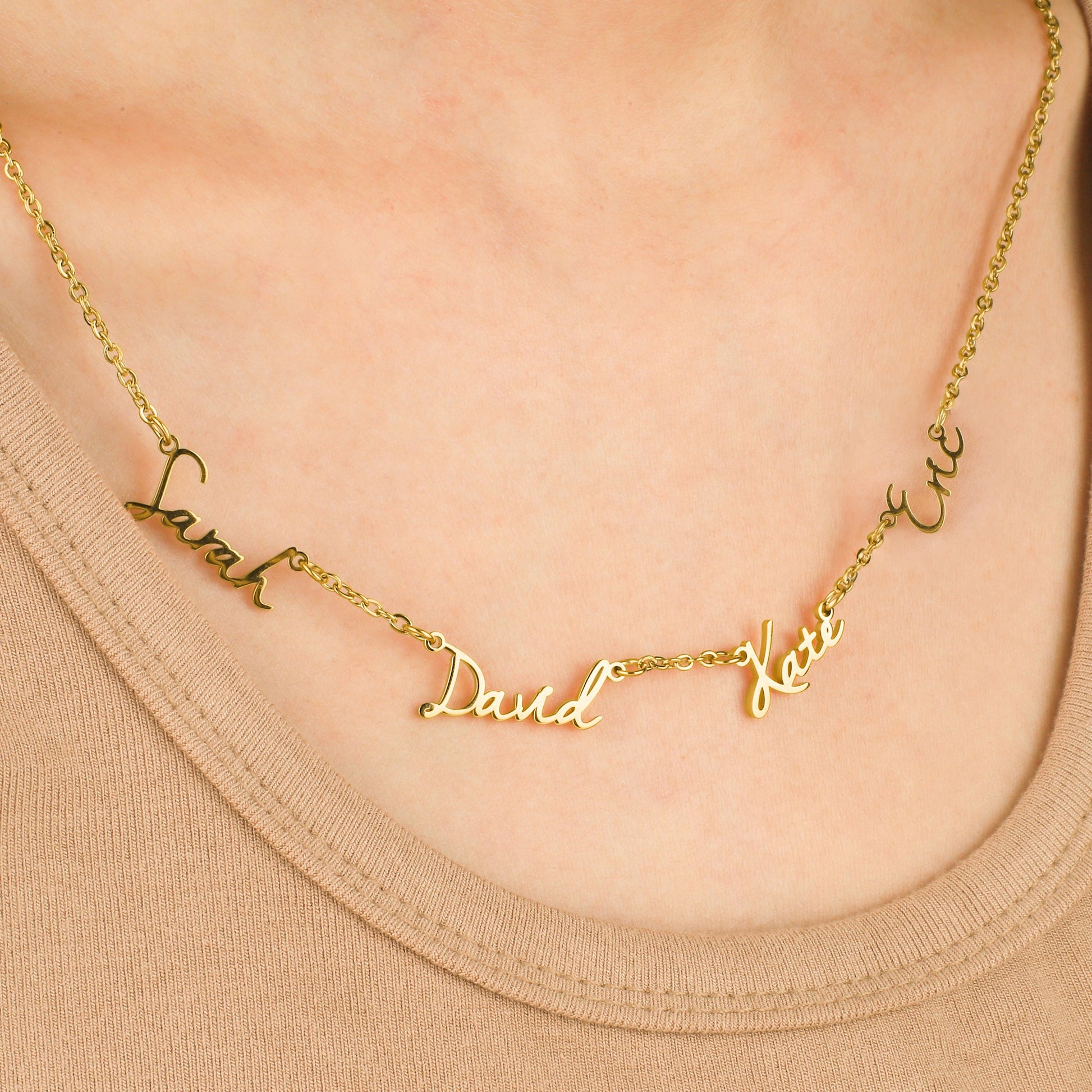 Fairy Multiple Name Necklace | Add Up to 4 Names in gold tone, worn on a model