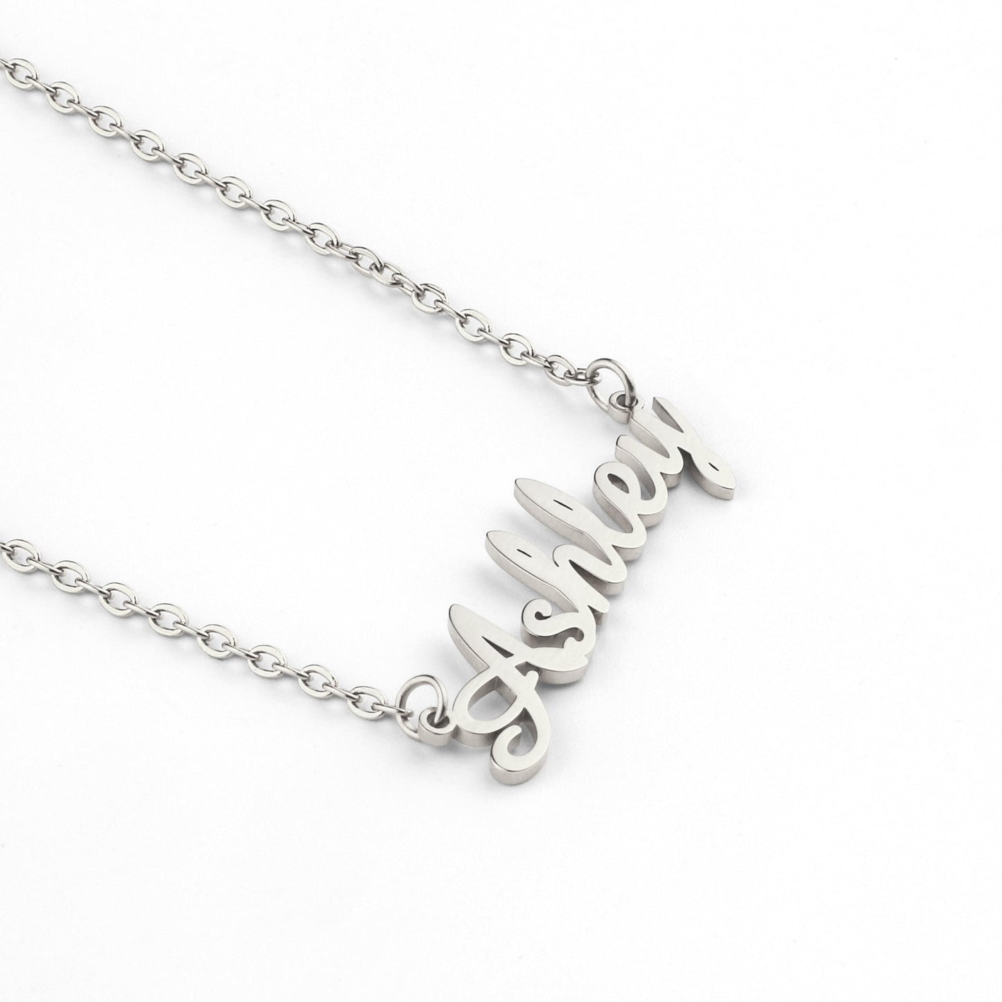 Quill Name Necklace in 925 sterling silver, flat lay detail
