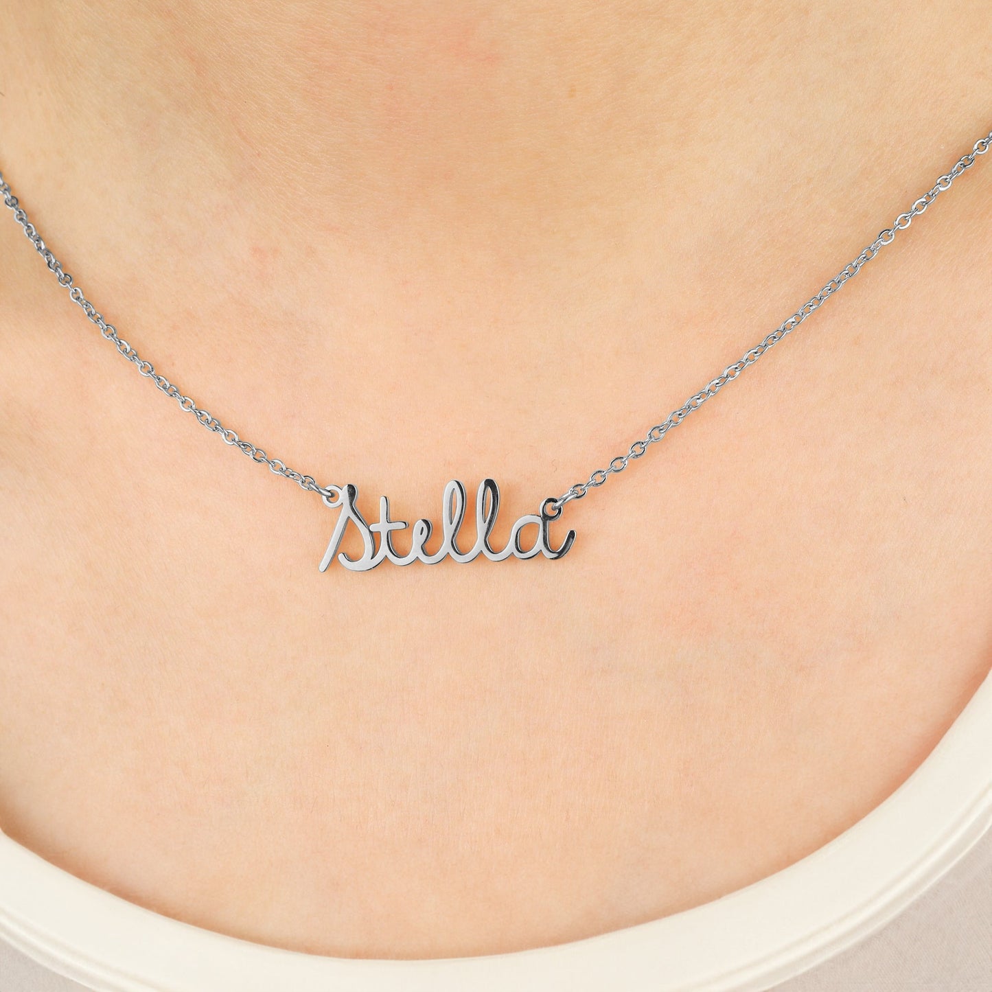 Personalized Name Necklace | Choose from 9 Styles in 925 sterling silver, worn on a model