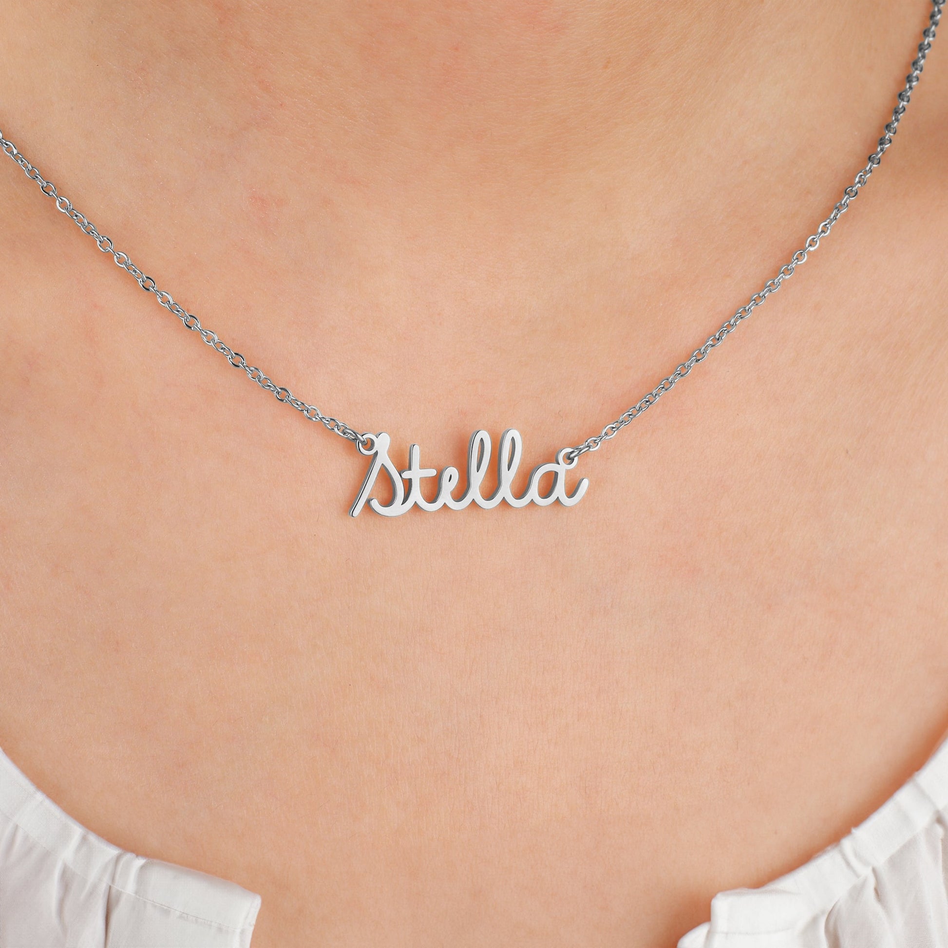 Personalized Name Necklace | Choose from 9 Styles in 925 sterling silver, worn on a model