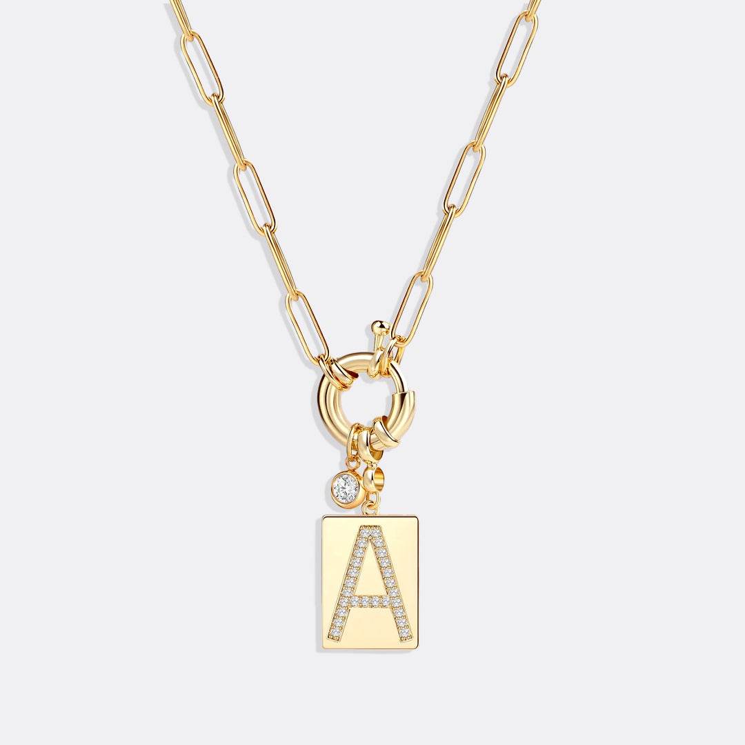 Collana Pendente Iniziale Pavé con Catena Paperclip