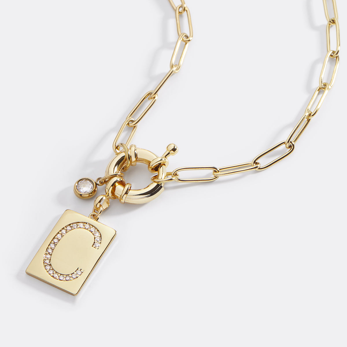 Collana Pendente Iniziale Pavé con Catena Paperclip