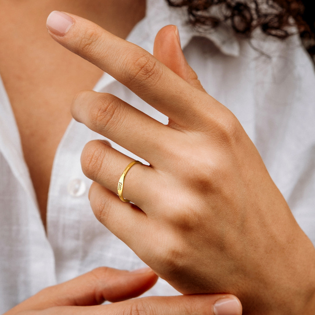 Minimalist Zodiac Stacking Band, worn on a model