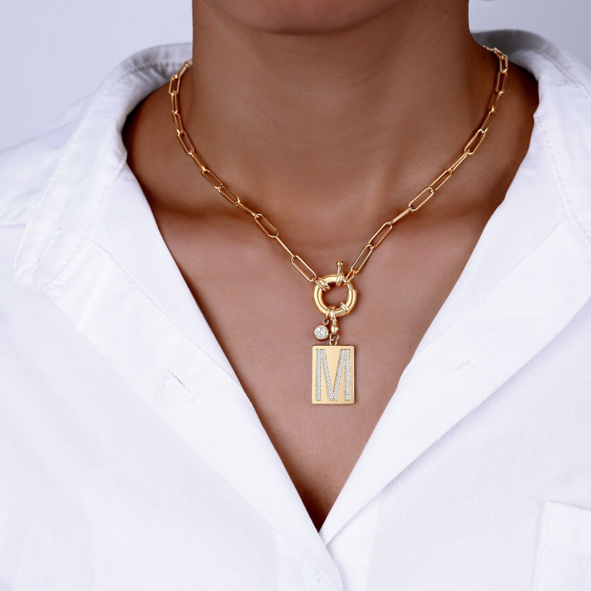 Collana Pendente Iniziale Pavé con Catena Paperclip