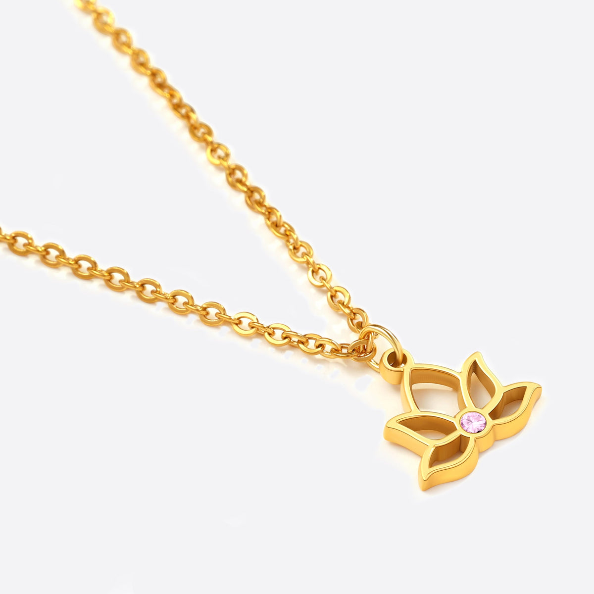 Mini Lotus Birthstone Pendant Necklace in gold tone with October birthstone