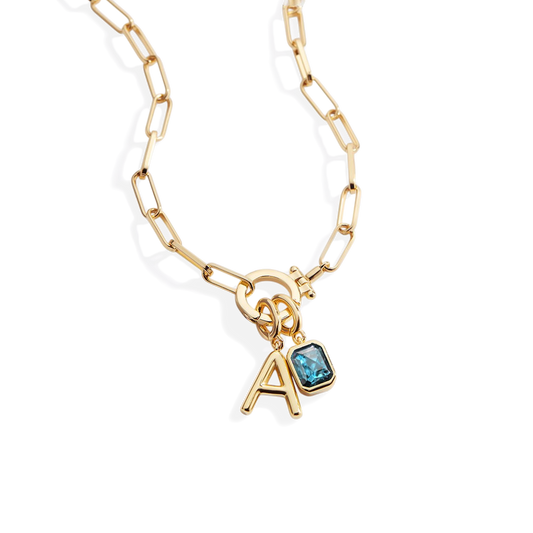 Mint Paperclip Necklace with Initial & Birthstone Charm — Vanny Jewels