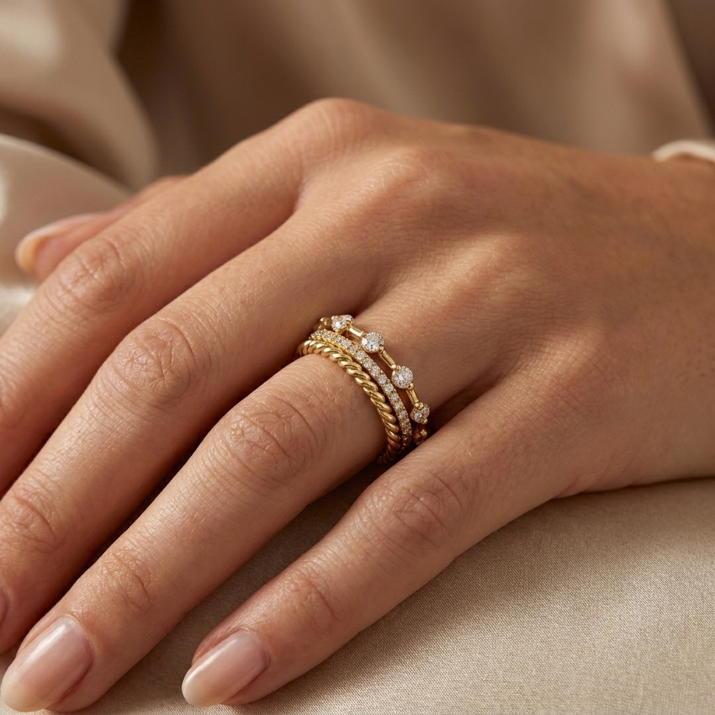 Modern Ring Stack, worn on a model