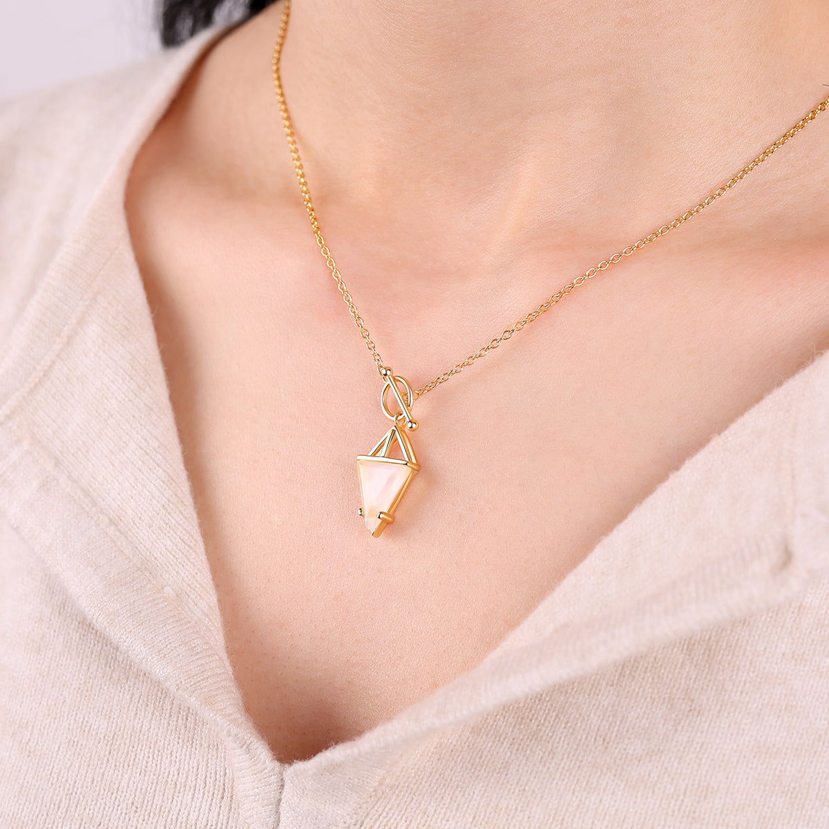 Moonstone Power Pendant T-Lock Necklace in gold tone