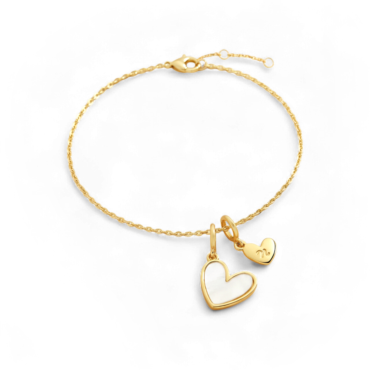 Dainty Mother Of Pearl Cable Chain Bracelet with Initial Heart Charm — Vanny Jewels