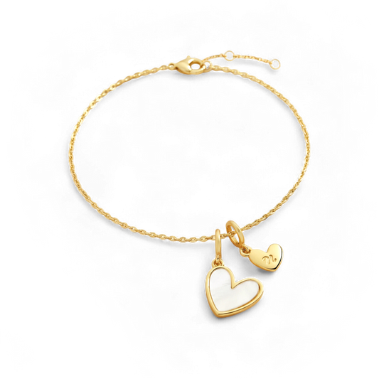Dainty Mother Of Pearl Cable Chain Bracelet with Initial Heart Charm — Vanny Jewels