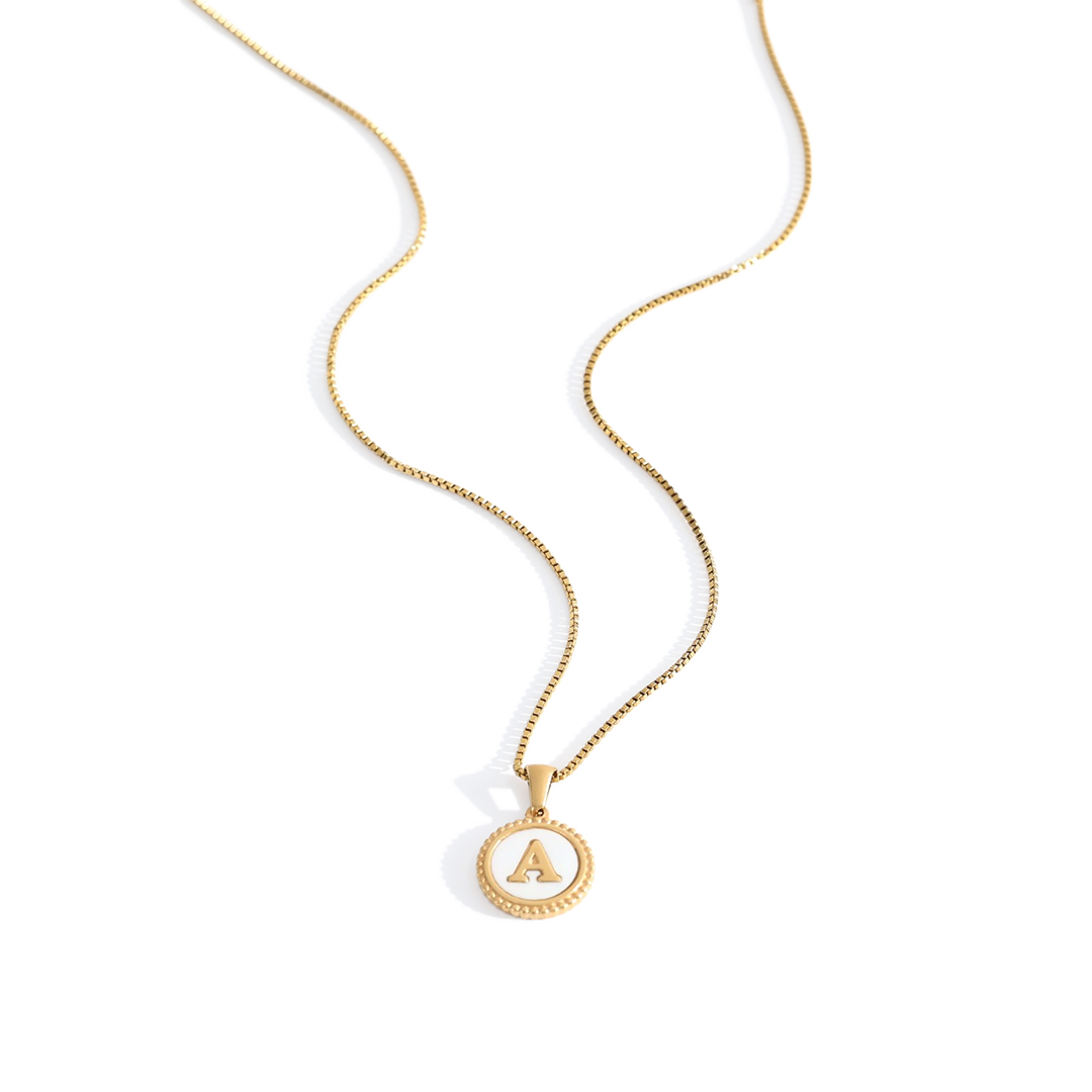 Mother of Pearl Disc Letter Necklace with Box Chain — Vanny Jewels