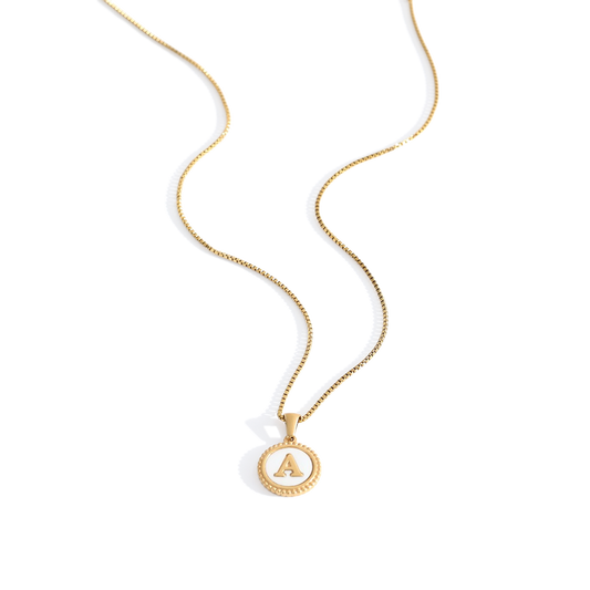 Mother of Pearl Disc Letter Necklace with Box Chain — Vanny Jewels