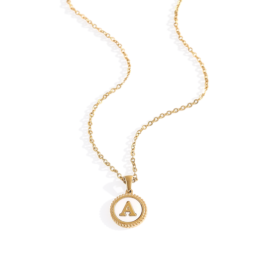 Mother of Pearl Disc Letter Necklace with Cable Chain — Vanny Jewels