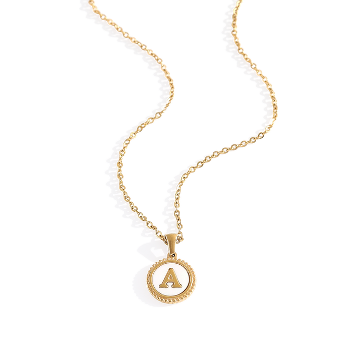 Mother of Pearl Disc Letter Necklace with Cable Chain — Vanny Jewels