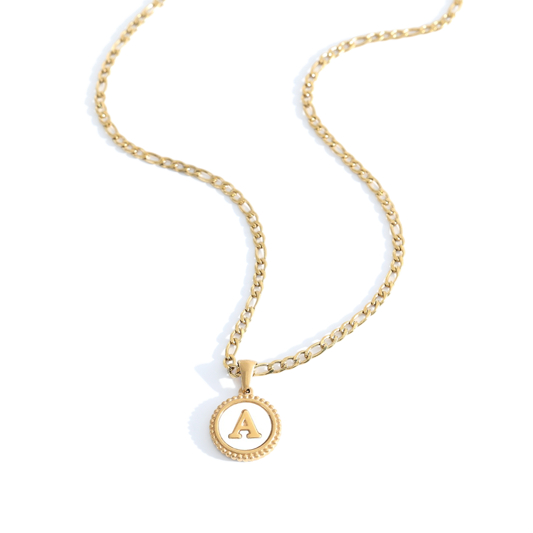 Mother of Pearl Disc Letter Necklace with Figaro Chain — Vanny Jewels
